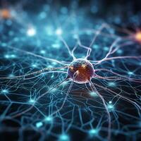 ai genererad neuralt anslutningar i de hjärna. bild som visar de komplex nätverk av neuroner i de mänsklig hjärna foto