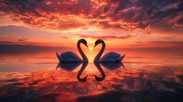 ai genererad två svanar framställning en hjärta form på solnedgång formning en mönster av kärlek foto