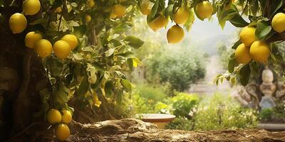 ai genererad mogen citroner växande på en citron- träd i de trädgård. närbild av citroner och citron- träd i solljus foto