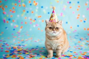 ai genererad kort hår katt bär en färgrik födelsedag hatt foto