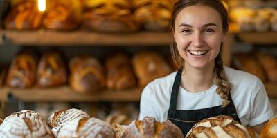 ai genererad en glad och leende ung kvinna kör en bageri. foto