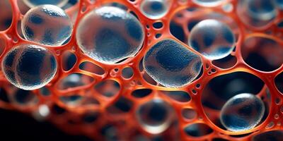 ai genererad kropp celler under en mikroskop. närbild av molekyler. mikro förbindelse med runda bubblor. foto