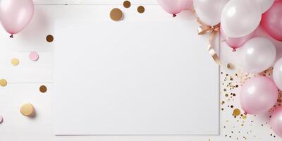 ai genererad platt lägga födelsedag kort mockup. vit ark på en rosa bakgrund, med guld pärlar och ballonger. Plats för text foto