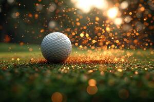 ai genererad en golf boll lögner på en grön gräsmatta på solnedgång. golf på solnedgång foto