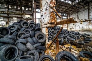 bred sudd hjul från de bil liggande på de bakgrund av Begagnade däck med ljus läckage i ett gammal växt. bärs däck på de jord i övergiven förstörd fabrik inomhus foto