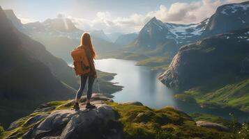ai genererad person stående på de kant av en klippa utsikt en berg landskap foto