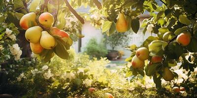 ai genererad mogen ljuv päron växande på en päron träd i de trädgård. närbild av päron och päron träd i solljus foto