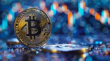 ai genererad djärv ai-genererad illustration av bitcoin som en banbrytande digital valuta på en blå bakgrund med trogen cyber representationer foto