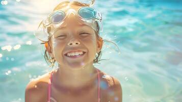 ai genererad Lycklig flicka i simning glasögon leende på kamera, till fånga de glädje och lycka av barndom under sommar semester, perfekt för annonser, foto