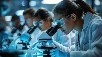 ai genererad ung kvinna forskare använder sig av mikroskop i vetenskaplig laboratorium. vetenskap, kemi, biologi, medicin och människor begrepp foto