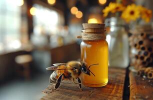 ai genererad bi är Sammanträde på trä- tabell Nästa till flaska av honung foto