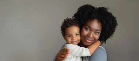 ai genererad porträtt av Lycklig afrikansk amerikan mor och dotter ser på kamera och leende. mors dag foto