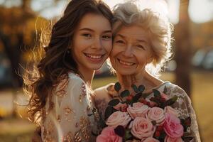 ai genererad leende mor och dotter med bukett av blommor ser på kamera foto
