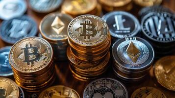 ai genererad bitcoin och ethereum mynt på en trä- tabell. kryptovaluta begrepp. foto