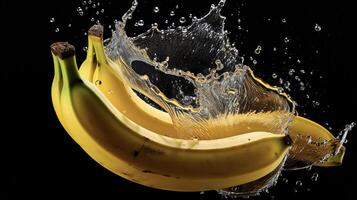 ai genererad bananer är varelse stänkte med vatten på en svart bakgrund foto