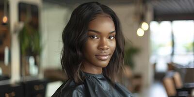 ai genererad afrikansk amerikan modell kvinna med hetero vågig hår i en modern salong interiör foto