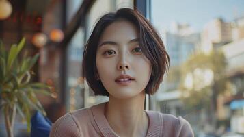 ai genererad koreanska kvinnor modell, 30 år gammal, sportslig en leende uttryck, med skön ögon och en hetero guppa frisyr foto