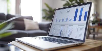ai genererad effektiv arbete miljö, bärbar dator placerad i en levande rum miljö med data visualisering visas foto