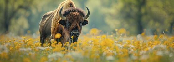 ai genererad makro se av bison löpning i de vår blommor fält. foto