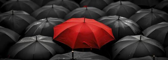 ai genererad en röd paraply bland de svart paraplyer. kontrast begrepp. foto