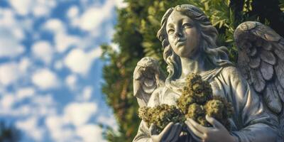 ai genererad overkligt lugn, staty av en skön ängel fattande marijuana klumpar, blandning konstnärlig kontraster foto