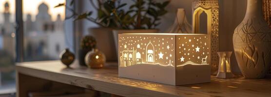 ai genererad ett förtjusande ljus låda med stjärnor på de sida, i de stil av islamic konst och arkitektur. foto