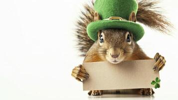 ai genererad söt Lycklig ekorre bär en tur- grön hatt och innehav en baner. st Patricks dag begrepp foto