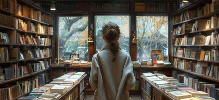 ai genererad kvinna står mellan två bokhyllor i bokhandel foto