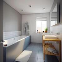 ai genererad modern badrum interiör med vit badkar handfat och spegel. 3d tolkning falsk upp foto