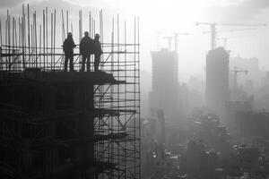 ai genererad konstruktion arbetare stående på byggnadsställning utsikt stad foto