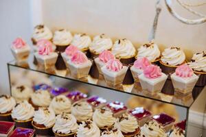 mandel småkakor, ljuv kakor för en bröllop bankett. en utsökt reception, en lyxig ceremoni. tabell med sötsaker och desserter. utsökt färgrik franska desserter på en tallrik eller tabell. godis bar. foto