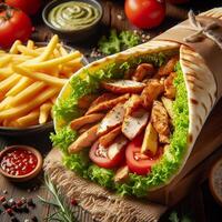 ai genererad durum kyckling doner kebab med sallad foto