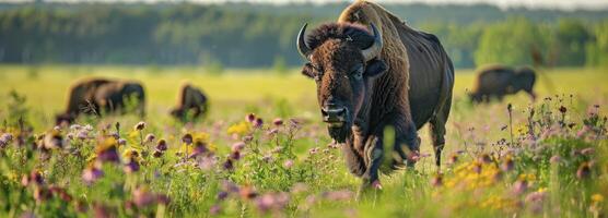 ai genererad makro se av bison löpning i de vår blommor fält. foto