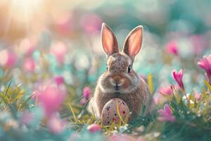 ai genererad en mild kanin inbäddat bland pastell påsk ägg och blomning blommor under en mjuk, drömmande ljus foto