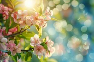 ai genererad frodig blommig scener visa upp en mängd av blommar i mjuk, strålnings ljus med en bokeh bakgrund foto