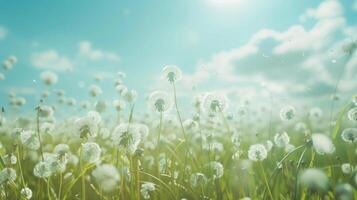 ai genererad fält av maskrosor och blå himmel. sommar vår perfekt naturlig landskap. natur bakgrund. foto