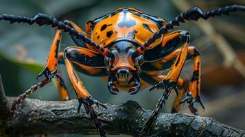 ai genererad orange och svart tiger skalbagge på ojämn gren, till monter de invecklad detaljer och vibrerande färger av de tiger skalbagge i dess naturlig livsmiljö foto