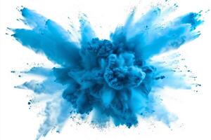 ai genererad en dynamisk och vibrerande explosion av blå pulver skapande ett abstrakt moln, isolerat på en vit bakgrund, frammanande en känsla av rörelse och energi. foto