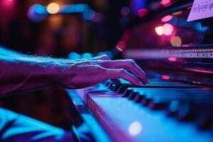 ai genererad manlig tangentbord spelare spelar de tangentbord i de konsert bokeh stil bakgrund med generativ ai foto