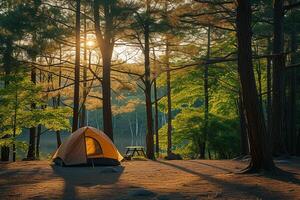 ai genererad en tält camping i de skog med generativ ai foto