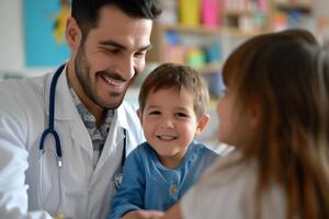 ai genererad läkare med liten pojke unge leende bokeh stil bakgrund med generativ ai foto