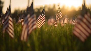 ai genererad amerikan flaggor i en fält på solnedgång foto