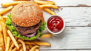 ai genererad topp se av traditionell burger och franska frites på trä- tabell med Plats för text foto