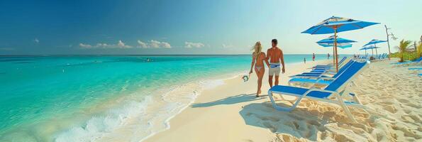 ai genererad tropisk paradis ung par gående på vit sand strand med Plats för text placering. foto