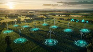 ai genererad grön energi integration vind turbiner, sol- paneler, hållbar kraft teknik begrepp. foto