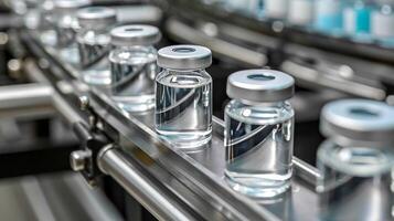 ai genererad farmaceutisk tillverkning bakgrund med glas flaskor på automatiserad transportband i fabrik foto