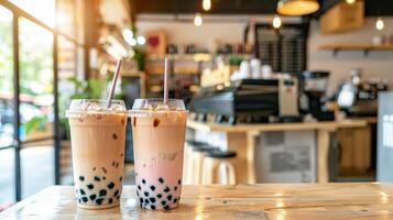 ai genererad blandad tapioka bubbla teer på en suddig kaffe affär bakgrund med Plats för text placering foto