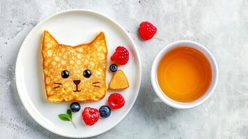 ai genererad katt ansikte pannkaka frukost för barn med bär, honung på vit tallrik, ljus bakgrund. foto