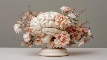 ai genererad mänsklig hjärna träd blomning med blommor, själv vård och mental hälsa konceptuell symbolism foto