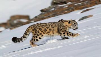 ai genererad snö leopard blandning in i snöig landskap, perfekt kamouflerad i dess naturlig livsmiljö foto